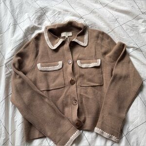 Sézane NWT BETTY CARDIGAN Mottled Camel Vanilla Crochet, Merino Wool